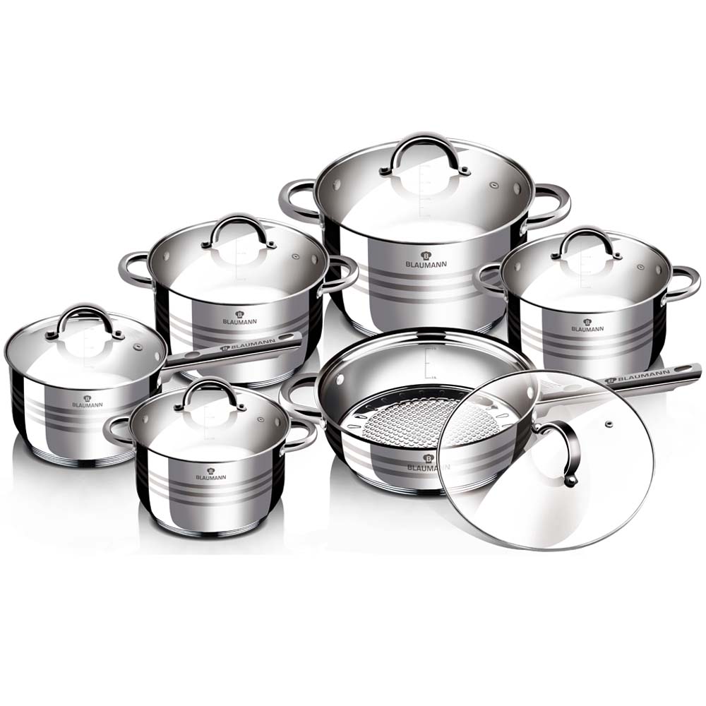 Batterie De Cuisine Blaumann Gourmet Line - 17 Pièces En Acier Inoxydable, Compatible Induction - Casseroles, Poêles, Ustensiles
